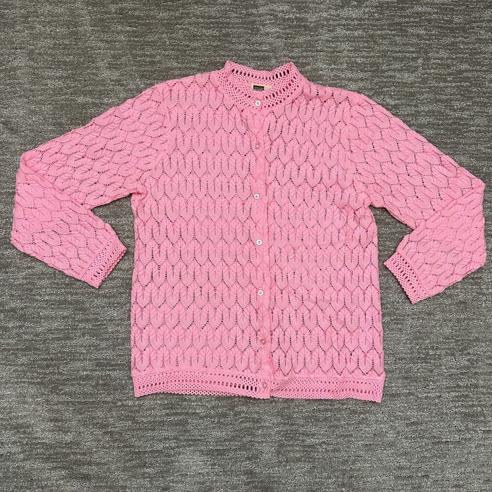 VTG Montgomery Ward Sweater Womens Large Pink Crochet Knit Cottage Grandma
